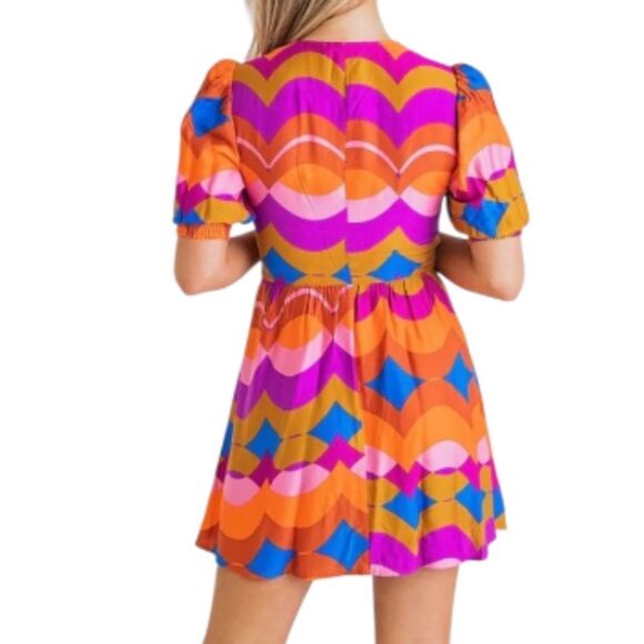 Karlie Multi 70s Button Down Colorful Geometric Patterned Mini Dress Small,NWT - Picture 2 of 10